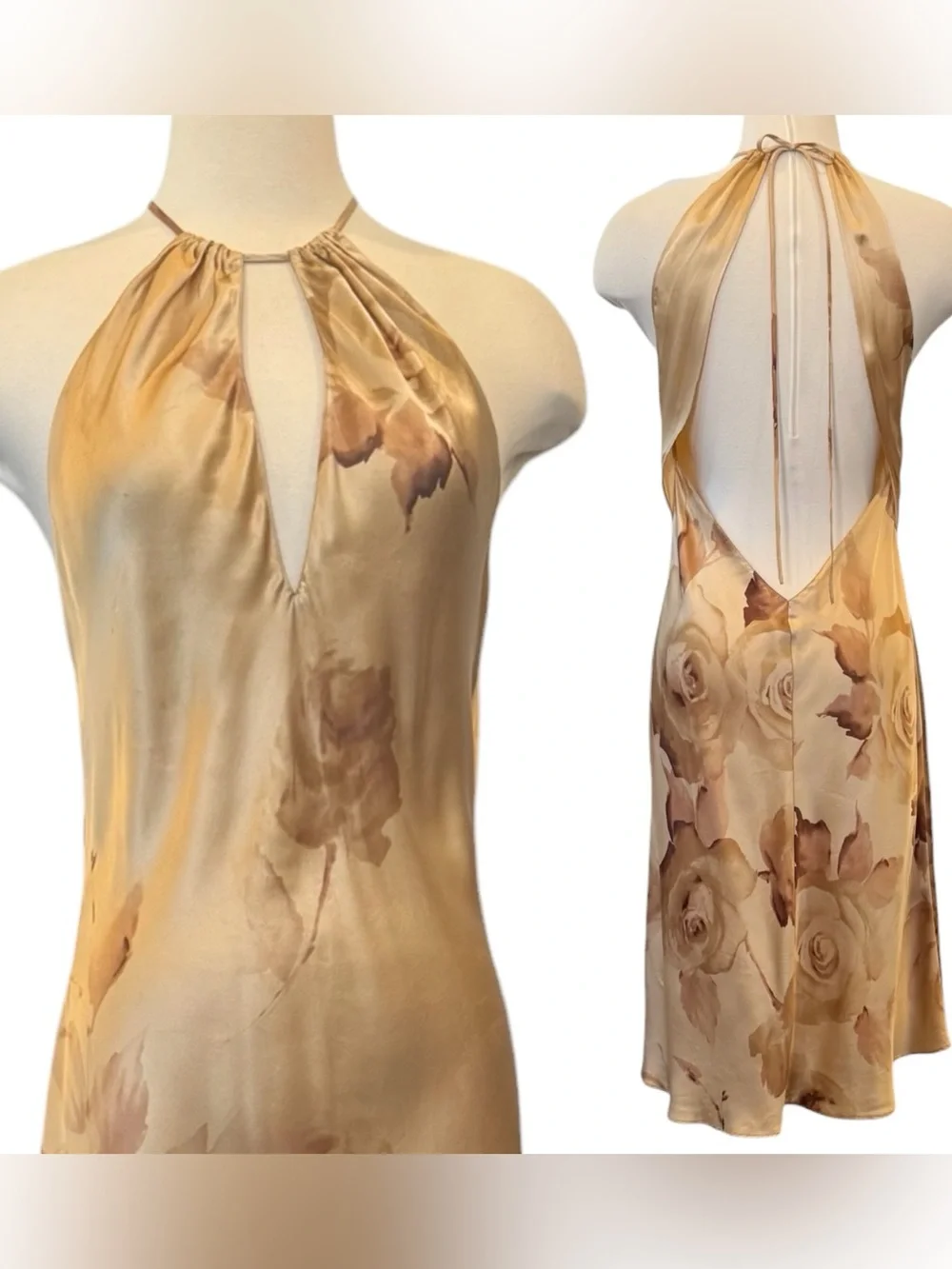 🌺SOLD🌺 Victoria’s Secret 100% Silk Gold Floral Vintage Midi Halter Slip Dress M - Picture 8 of 9